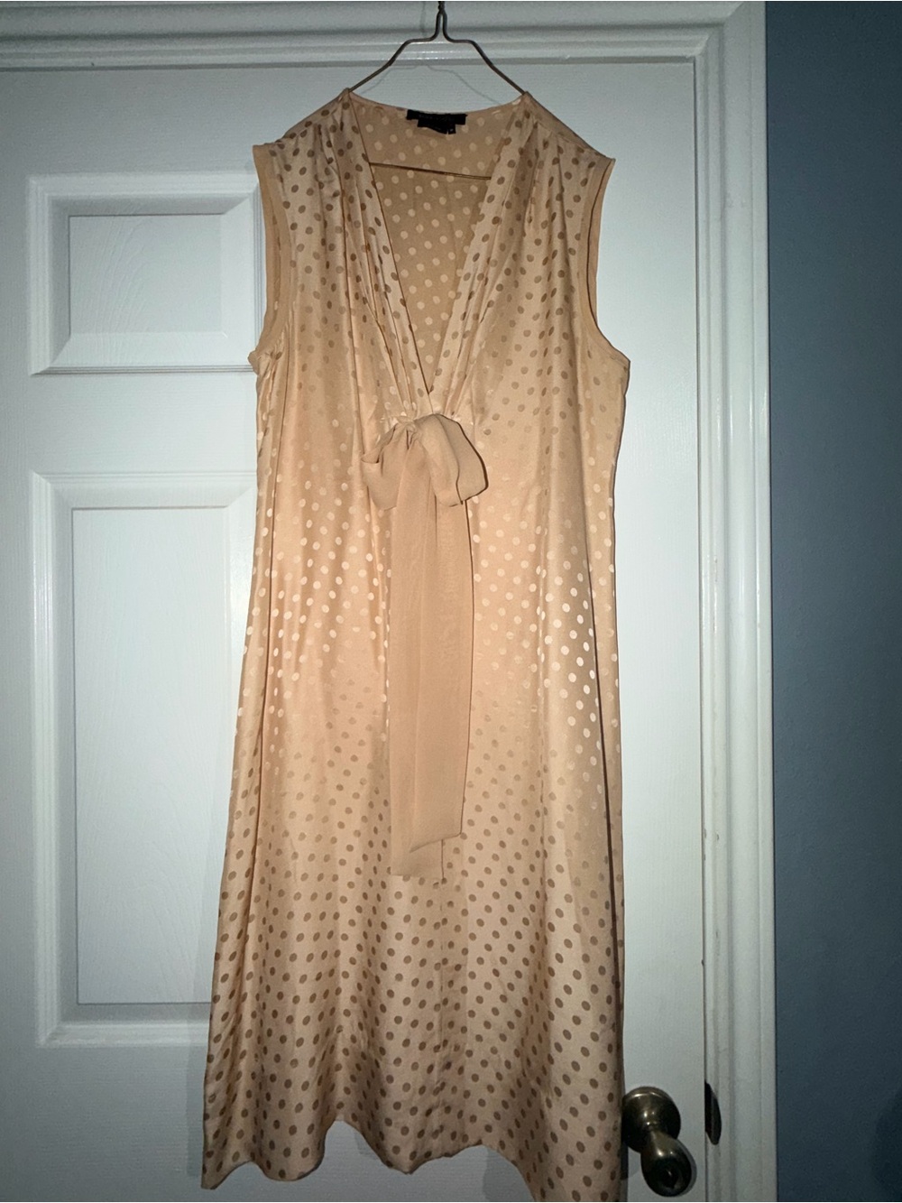 BCBGMaxAzria Tan Polka Dot Tie-Neck Dress